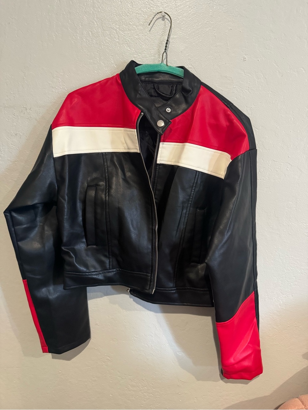 Ci Sono Black Red and White Colorblock Faux Leather Jacket